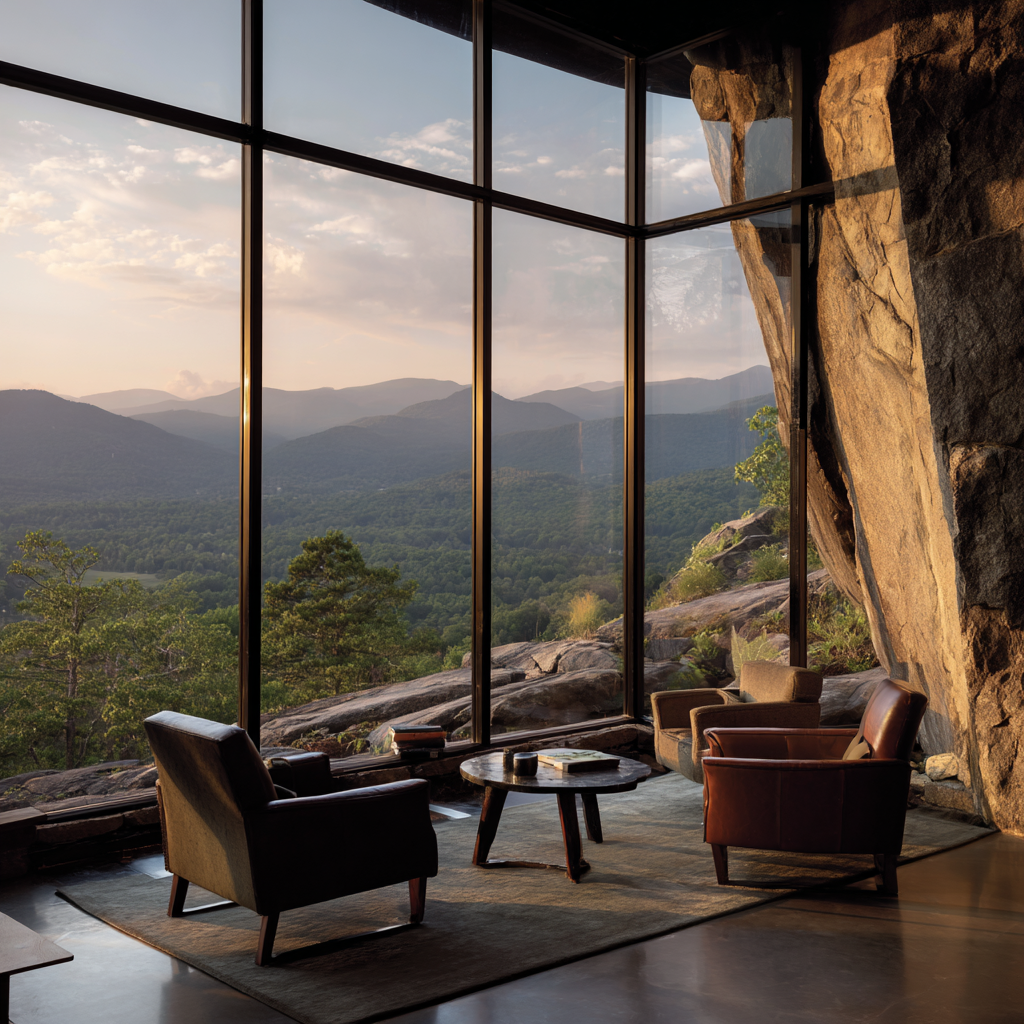 Floor-to-ceiling windows framing mountain landscape