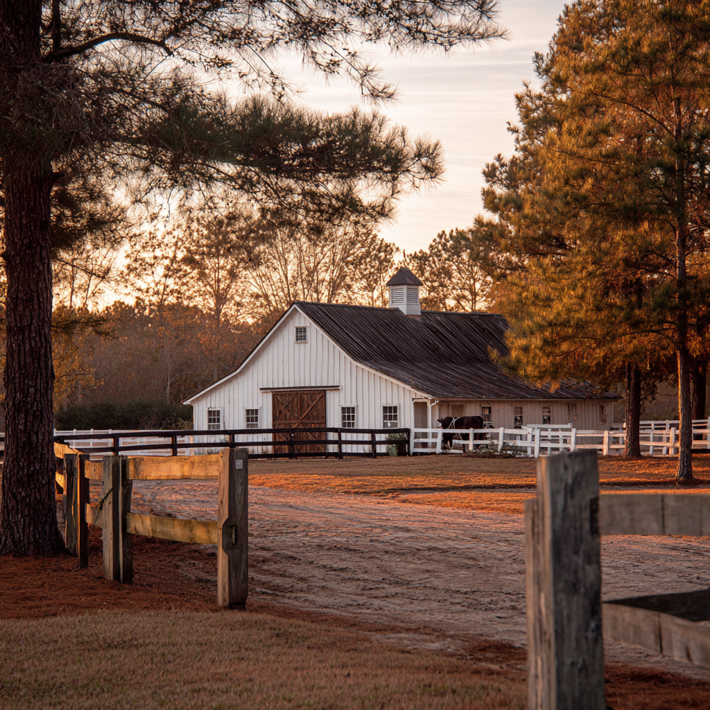 Well-maintained barn at golden hour